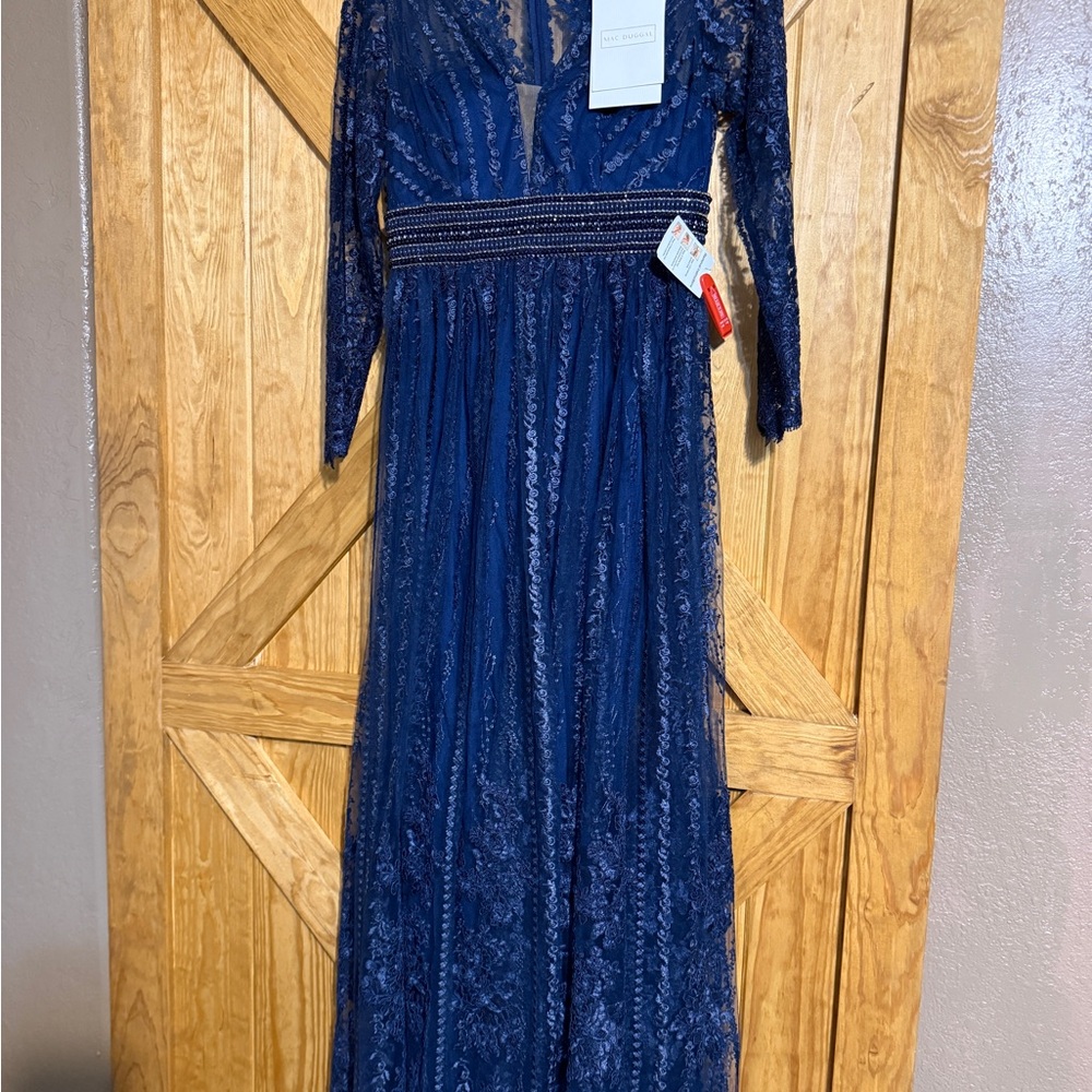 Mac Duggal Navy Blue Lace Maxi Dress